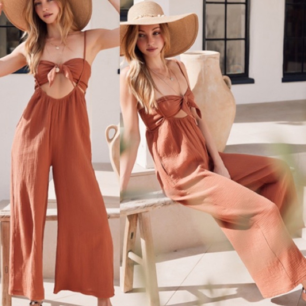 New Boho Chic Summer Set Suspender Pant Tube Top Two Piece Outfit | Clay
